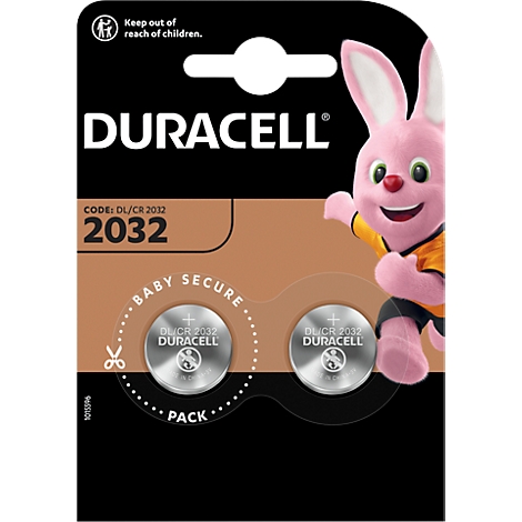 Packaging with two round Duracell batteries. A pink rabbit smiles friendly. Inscription: "Baby Secure" and "Keep out of reach of children."