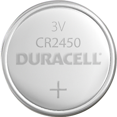 Duracell CR2450 button cell battery, silver, with inscriptions 3V, CR2450 and Duracell and a plus sign.