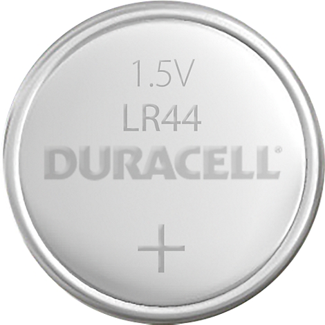 Duracell LR44 button cell, silver rim, grey surface with inscription: 1.5V LR44, DURACELL, plus sign.