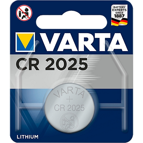 VARTA CR 2025 battery on blue background. Logo, product designation and warning signs are visible.