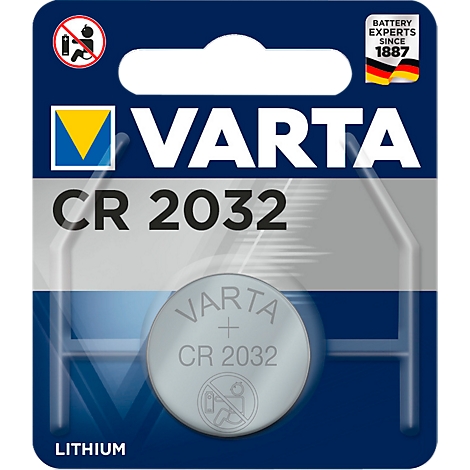 Blister pack of a CR 2032 button cell from the brand Varta, with the note on lithium.