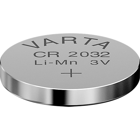 Button cell battery from VARTA. Inscription: CR 2032, Li-Mn, 3V and the plus sign.
