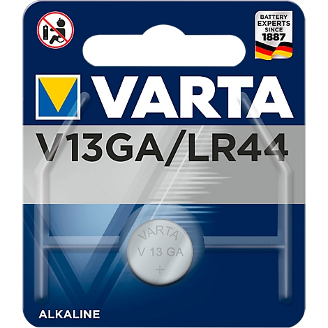 Button cell blister pack, VARTA V13GA/LR44. Blue and white design with VARTA logo and product name.