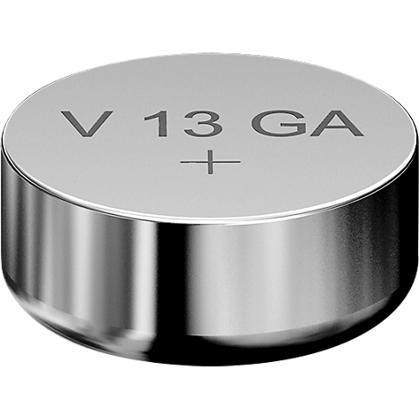 Round, silver button cell battery with "V 13 GA" and a plus sign.