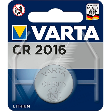 Varta CR 2016 lithium button cell, packaged on blue background. Logo, warnings and product designation.