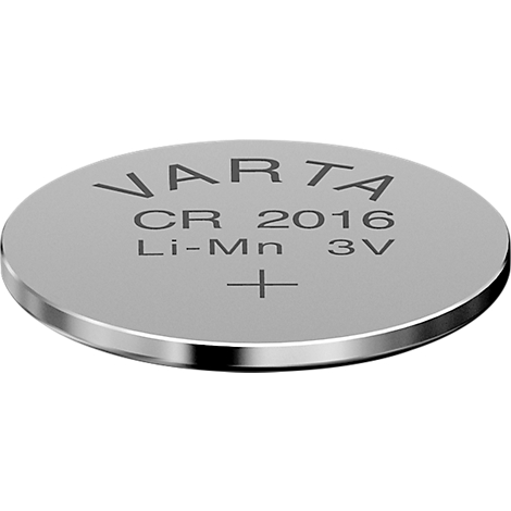 Button cell battery with "VARTA" logo, CR 2016, Li-Mn, 3V, and a plus sign. Silver edge, light surface.