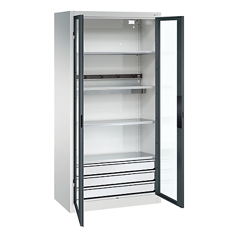 C+P Akkuladeschrank Acurado, abschließbar, mit Inneneinrichtung, B 930 x T 500 x H 1950 mm, Stahl, anthrazitgrau RAL 7016/lichtgrau RAL 7035