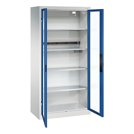 C+P Akkuladeschrank Acurado, abschließbar, mit Inneneinrichtung, B 930 x T 500 x H 1950 mm, Stahl, enzianblau RAL 5010/lichtgrau RAL 7035