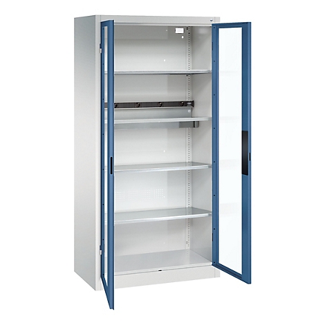 C+P Akkuladeschrank Acurado, abschließbar, mit Inneneinrichtung, B 930 x T 500 x H 1950 mm, Stahl, fernblau RAL 5023/lichtgrau RAL 7035