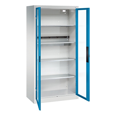 C+P Akkuladeschrank Acurado, abschließbar, mit Inneneinrichtung, B 930 x T 500 x H 1950 mm, Stahl, lichtblau RAL 5012/lichtgrau RAL 7035