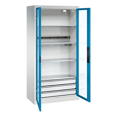 C+P Akkuladeschrank Acurado, abschließbar, mit Inneneinrichtung, B 930 x T 500 x H 1950 mm, Stahl, lichtblau RAL 5012/lichtgrau RAL 7035