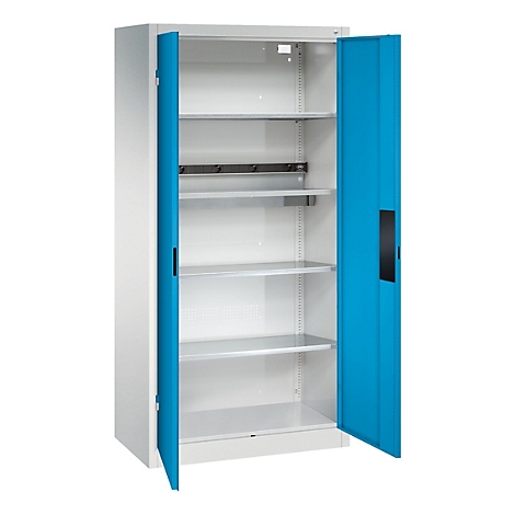 Offener Metallschrank mit blauen Türen und Einlegeböden, vor weißem Hintergrund.