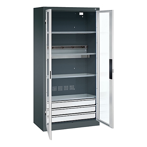 C+P Akkuladeschrank Acurado, abschließbar, mit Inneneinrichtung, B 930 x T 500 x H 1950 mm, Stahl, lichtgrau RAL 7035/anthrazitgrau RAL 7016
