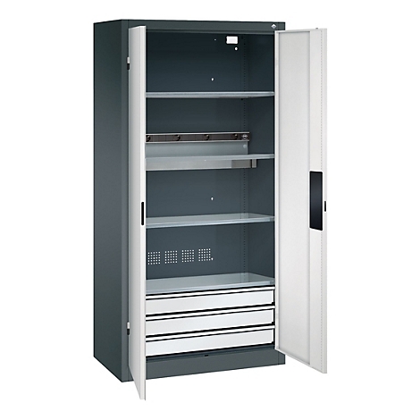 C+P Akkuladeschrank Acurado, abschließbar, mit Inneneinrichtung, B 930 x T 500 x H 1950 mm, Stahl, lichtgrau RAL 7035/anthrazitgrau RAL 7016