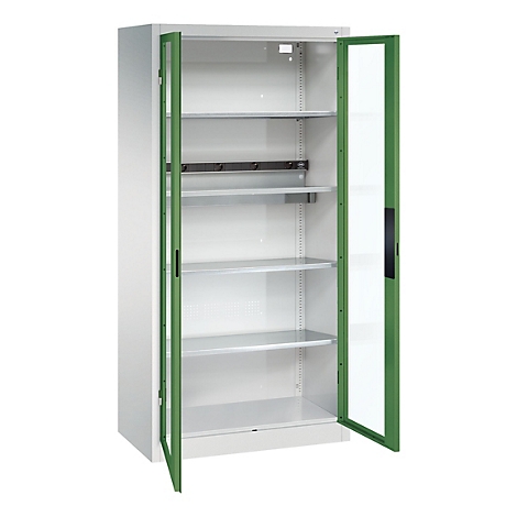 C+P Akkuladeschrank Acurado, abschließbar, mit Inneneinrichtung, B 930 x T 500 x H 1950 mm, Stahl, resedagrün RAL 6011/lichtgrau RAL 7035
