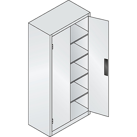 Grauer Schrank mit einer geöffneten Tür, dahinter Regale.