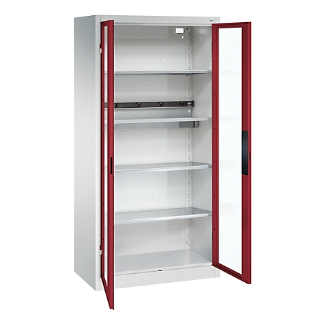 C+P Akkuladeschrank Acurado, abschließbar, mit Inneneinrichtung, B 930 x T 500 x H 1950 mm, Stahl, rubinrot RAL 3003/lichtgrau RAL 7035