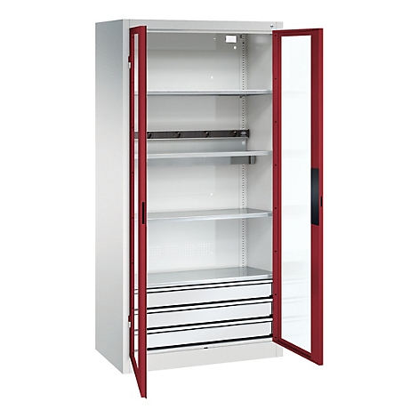 C+P Akkuladeschrank Acurado, abschließbar, mit Inneneinrichtung, B 930 x T 500 x H 1950 mm, Stahl, rubinrot RAL 3003/lichtgrau RAL 7035