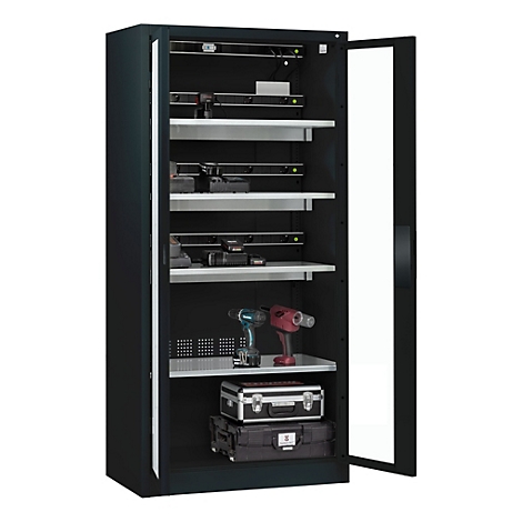 C+P Akkuladeschrank Acurado, abschließbar, mit Lüftung + Inneneinrichtung, B 930 x T 500 x H 1950 mm, Stahl, anthrazitgrau RAL 7016/anthrazitgrau RAL 7016