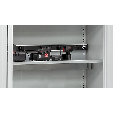 C+P Akkuladeschrank Acurado, abschließbar, mit Lüftung + Inneneinrichtung, B 930 x T 500 x H 1950 mm, Stahl, anthrazitgrau RAL 7016/anthrazitgrau RAL 7016