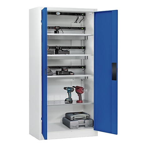 C+P Akkuladeschrank Acurado, abschließbar, mit Lüftung + Inneneinrichtung, B 930 x T 500 x H 1950 mm, Stahl, enzianblau RAL 5010/lichtgrau RAL 7035
