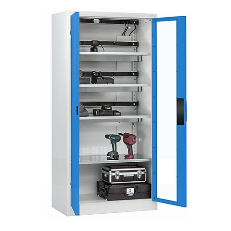 C+P Akkuladeschrank Acurado, abschließbar, mit Lüftung + Inneneinrichtung, B 930 x T 500 x H 1950 mm, Stahl, lichtblau RAL 5012/lichtgrau RAL 7035