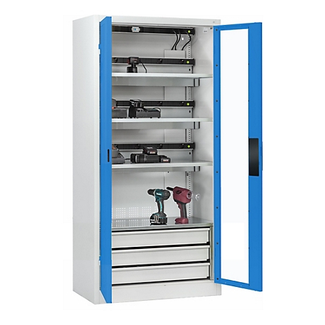 C+P Akkuladeschrank Acurado, abschließbar, mit Lüftung + Inneneinrichtung, B 930 x T 500 x H 1950 mm, Stahl, lichtblau RAL 5012/lichtgrau RAL 7035
