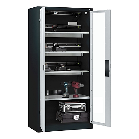 C+P Akkuladeschrank Acurado, abschließbar, mit Lüftung + Inneneinrichtung, B 930 x T 500 x H 1950 mm, Stahl, lichtgrau RAL 7035/anthrazitgrau RAL 7016