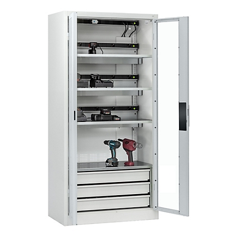 C+P Akkuladeschrank Acurado, abschließbar, mit Lüftung + Inneneinrichtung, B 930 x T 500 x H 1950 mm, Stahl, lichtgrau RAL 7035/lichtgrau RAL 7035