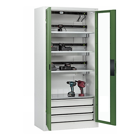 C+P Akkuladeschrank Acurado, abschließbar, mit Lüftung + Inneneinrichtung, B 930 x T 500 x H 1950 mm, Stahl, resedagrün RAL 6011/lichtgrau RAL 7035