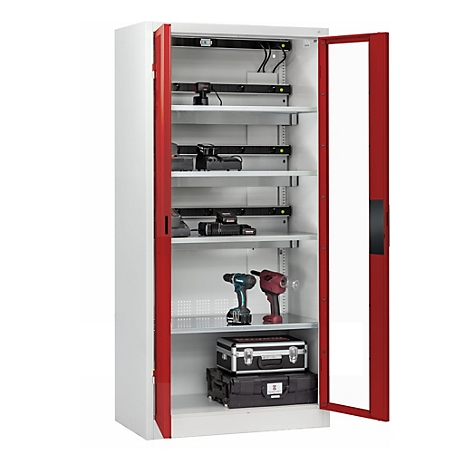 C+P Akkuladeschrank Acurado, abschließbar, mit Lüftung + Inneneinrichtung, B 930 x T 500 x H 1950 mm, Stahl, rubinrot RAL 3003/lichtgrau RAL 7035
