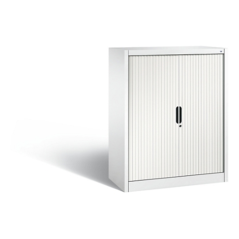 Armoire de bureau blanche avec portes à lattes, poignée noire et serrure.