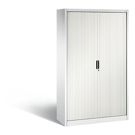 Classeur blanc avec portes cannelées et poignée noire. Ombre sur fond blanc.