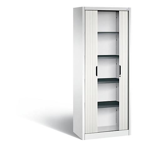 Armoire en acier blanc avec portes à enroulement, partiellement ouverte, révélant des étagères.