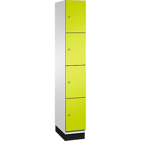Een geel en wit kastsysteem met vier compartimenten. Elk compartiment heeft een kleine knop. De kast staat op een zwarte basis.
