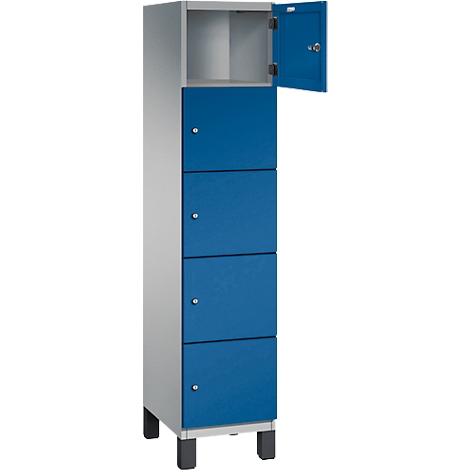 Blauwe locker met vier compartimenten, één deur open, een grijs frame.
