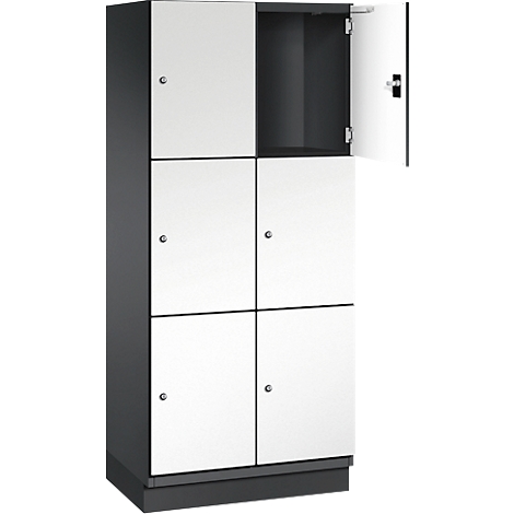Kast met zes compartimenten, twee deuren open. Witte deuren op antracietkleurige behuizing.