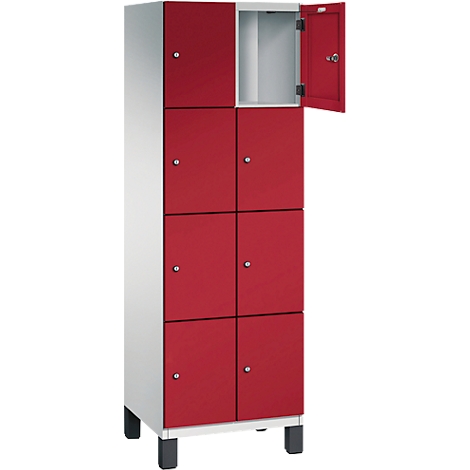 Kast met acht deuren, rood en wit. Een deur is open.