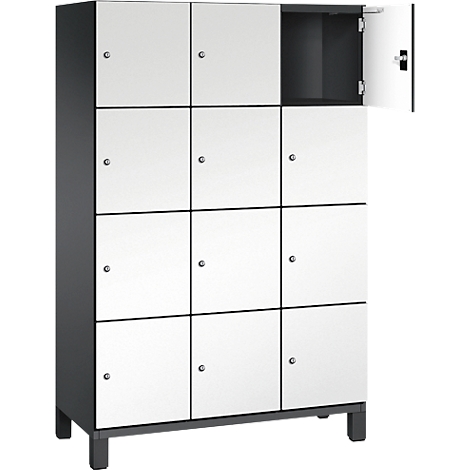 Kast met twaalf compartimenten, één compartiment open. Witte deuren, donker frame, zilveren handgrepen.