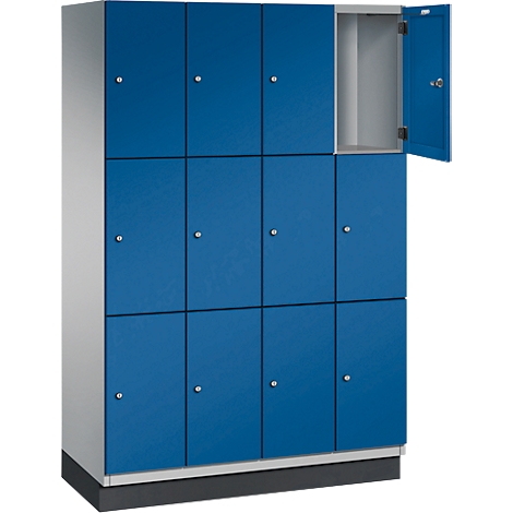 Blauw kast met 12 vakken, één vak open.
