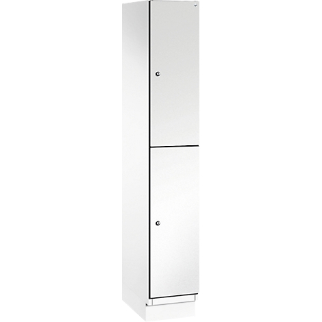 Witte kast met twee deuren en kleine knoppen.