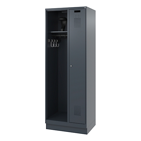Gray locker with two compartments, an open section with hooks and a hat shelf.