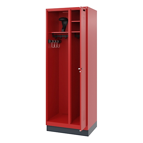 Red locker against a white background. It has two compartments with hooks and shelves. A helmet is on top.