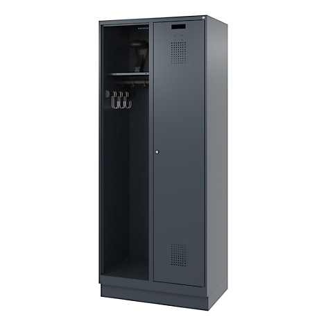 Dark grey locker with open compartment, clothes rail and door.