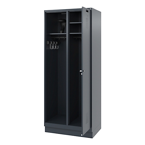 Dark grey locker with open door. Inside hooks and shelves, the door shows ventilation slots.