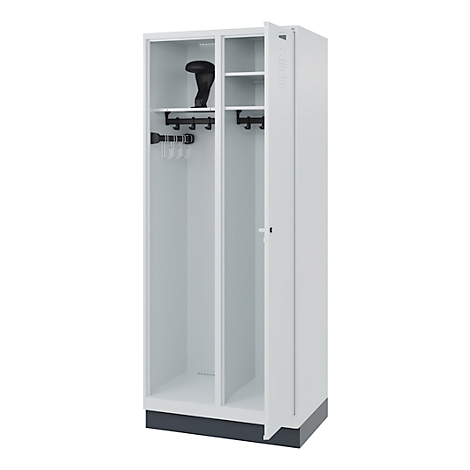 White metal locker, door open, with shelf, coat hooks, shoe and hangers.
