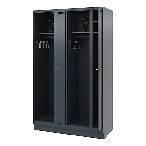 Gray locker with multiple compartments, partially open. Hooks and shelves inside.