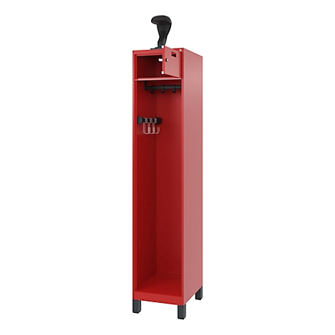 Red cabinet with handles and hooks for storage.