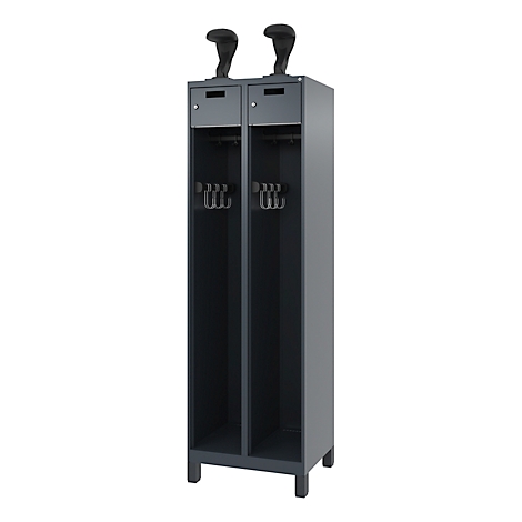 Grey cabinet with two compartments, each with a black ski boot on top.