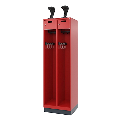 Red cabinet with two compartments, handles and two black objects on top.